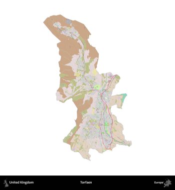 Torfaen. Birleşik Krallık 'ın idari alanı OpenStreetMap Standart biçim haritasında beyazda izole edildi
