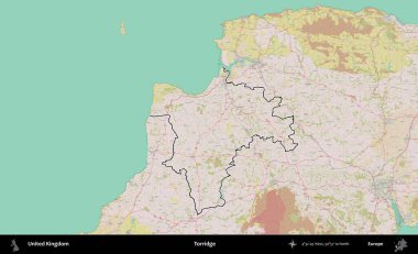 Torridge. Birleşik Krallık 'ın bir OpenStreetMap Standart biçim haritasında özetlenmiş idari alanı