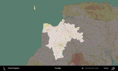 Torridge. Birleşik Krallık 'ın idari alanı koyu renk bir OpenStreetMap Standart Haritası üzerine vurgulanmış ve özetlenmiştir