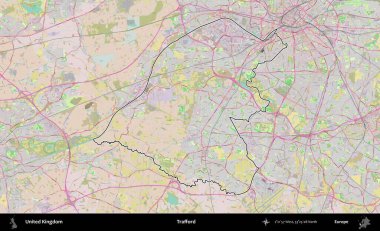 Trafford 'da. Birleşik Krallık 'ın bir OpenStreetMap Standart biçim haritasında özetlenmiş idari alanı
