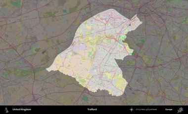 Trafford 'da. Birleşik Krallık 'ın idari alanı koyu renk bir OpenStreetMap Standart Haritası üzerine vurgulanmış ve özetlenmiştir