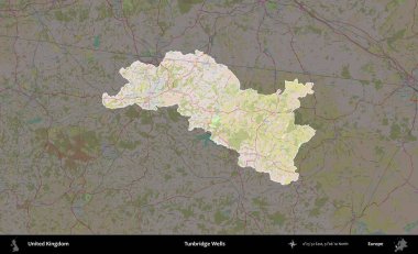 Tunbridge Wells 'de. Birleşik Krallık 'ın idari alanı koyu renk bir OpenStreetMap Standart Haritası üzerine vurgulanmış ve özetlenmiştir