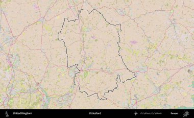 Uttlesford 'da. Birleşik Krallık 'ın bir OpenStreetMap Standart biçim haritasında özetlenmiş idari alanı