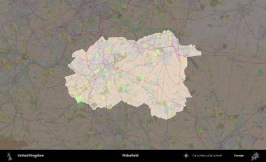 Wakefield 'da. Birleşik Krallık 'ın idari alanı koyu renk bir OpenStreetMap Standart Haritası üzerine vurgulanmış ve özetlenmiştir