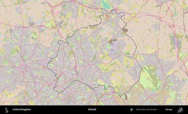 Walsall. Birleşik Krallık 'ın bir OpenStreetMap Standart biçim haritasında özetlenmiş idari alanı