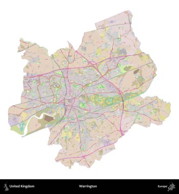Warrington. Birleşik Krallık 'ın idari alanı OpenStreetMap Standart biçim haritasında beyazda izole edildi