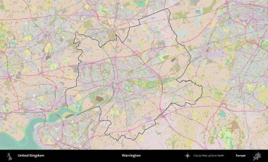 Warrington. Birleşik Krallık 'ın bir OpenStreetMap Standart biçim haritasında özetlenmiş idari alanı