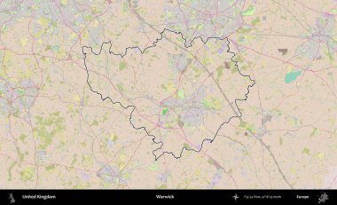 Warwick. Birleşik Krallık 'ın bir OpenStreetMap Standart biçim haritasında özetlenmiş idari alanı