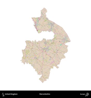Warwickshire 'da. Birleşik Krallık 'ın idari alanı OpenStreetMap Standart biçim haritasında beyazda izole edildi