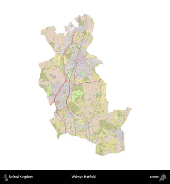 Welwyn Hatfield. Birleşik Krallık 'ın idari alanı OpenStreetMap Standart biçim haritasında beyazda izole edildi