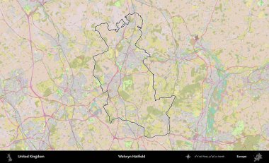 Welwyn Hatfield. Birleşik Krallık 'ın bir OpenStreetMap Standart biçim haritasında özetlenmiş idari alanı