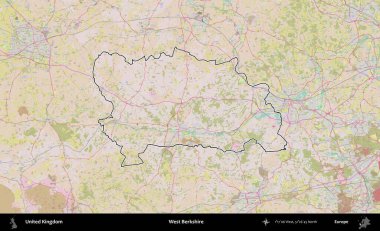 Batı Berkshire. Birleşik Krallık 'ın bir OpenStreetMap Standart biçim haritasında özetlenmiş idari alanı