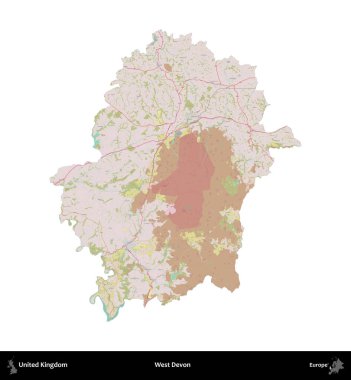 Batı Devon. Birleşik Krallık 'ın idari alanı OpenStreetMap Standart biçim haritasında beyazda izole edildi