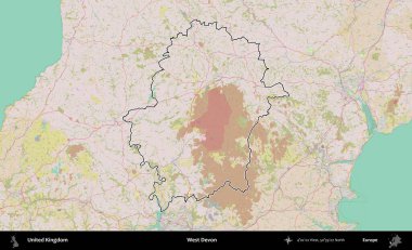 Batı Devon. Birleşik Krallık 'ın bir OpenStreetMap Standart biçim haritasında özetlenmiş idari alanı