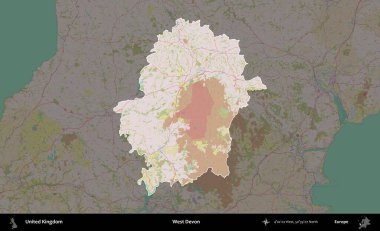 Batı Devon. Birleşik Krallık 'ın idari alanı koyu renk bir OpenStreetMap Standart Haritası üzerine vurgulanmış ve özetlenmiştir