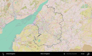 İngiltere 'nin batısında. Birleşik Krallık 'ın bir OpenStreetMap Standart biçim haritasında özetlenmiş idari alanı