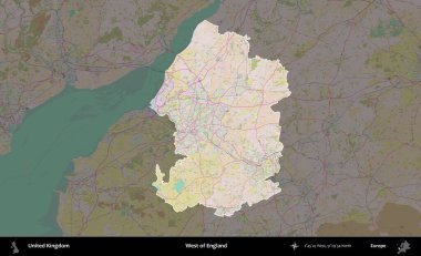 İngiltere 'nin batısında. Birleşik Krallık 'ın idari alanı koyu renk bir OpenStreetMap Standart Haritası üzerine vurgulanmış ve özetlenmiştir