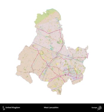 Batı Lancashire. Birleşik Krallık 'ın idari alanı OpenStreetMap Standart biçim haritasında beyazda izole edildi