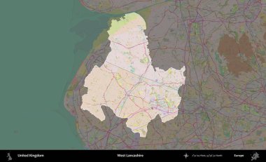 Batı Lancashire. Birleşik Krallık 'ın idari alanı koyu renk bir OpenStreetMap Standart Haritası üzerine vurgulanmış ve özetlenmiştir