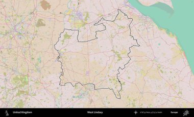 Batı Lindsey. Birleşik Krallık 'ın bir OpenStreetMap Standart biçim haritasında özetlenmiş idari alanı