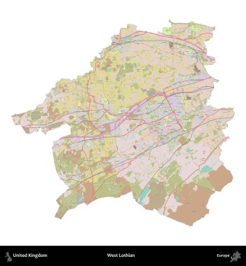 Batı Lothian. Birleşik Krallık 'ın idari alanı OpenStreetMap Standart biçim haritasında beyazda izole edildi