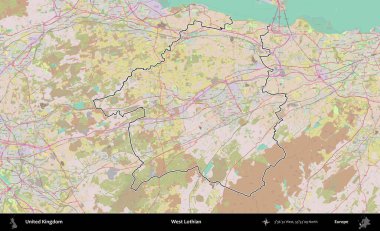 Batı Lothian. Birleşik Krallık 'ın bir OpenStreetMap Standart biçim haritasında özetlenmiş idari alanı