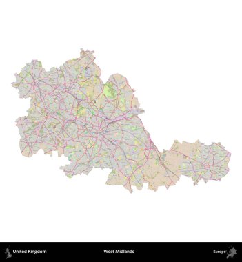 Batı Midlands. Birleşik Krallık 'ın idari alanı OpenStreetMap Standart biçim haritasında beyazda izole edildi