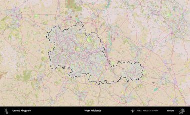 Batı Midlands. Birleşik Krallık 'ın bir OpenStreetMap Standart biçim haritasında özetlenmiş idari alanı