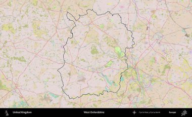 Batı Oxfordshire. Birleşik Krallık 'ın bir OpenStreetMap Standart biçim haritasında özetlenmiş idari alanı