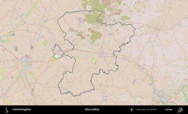 Batı Suffolk. Birleşik Krallık 'ın bir OpenStreetMap Standart biçim haritasında özetlenmiş idari alanı