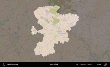 Batı Suffolk. Birleşik Krallık 'ın idari alanı koyu renk bir OpenStreetMap Standart Haritası üzerine vurgulanmış ve özetlenmiştir