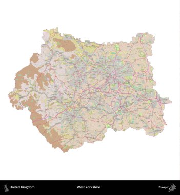 Batı Yorkshire. Birleşik Krallık 'ın idari alanı OpenStreetMap Standart biçim haritasında beyazda izole edildi