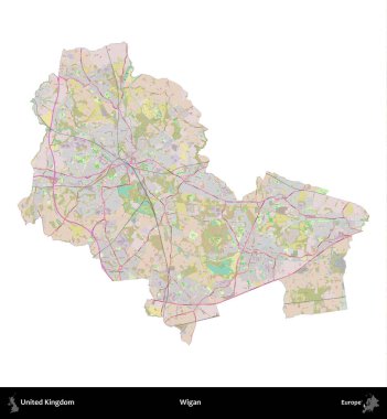 Wigan. Birleşik Krallık 'ın idari alanı OpenStreetMap Standart biçim haritasında beyazda izole edildi