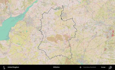 Wiltshire 'da. Birleşik Krallık 'ın bir OpenStreetMap Standart biçim haritasında özetlenmiş idari alanı