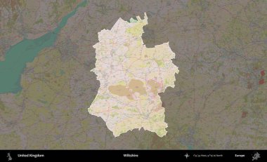 Wiltshire 'da. Birleşik Krallık 'ın idari alanı koyu renk bir OpenStreetMap Standart Haritası üzerine vurgulanmış ve özetlenmiştir