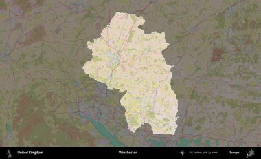 Winchester 'da. Birleşik Krallık 'ın idari alanı koyu renk bir OpenStreetMap Standart Haritası üzerine vurgulanmış ve özetlenmiştir