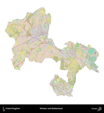 Windsor ve Maidenhead. Birleşik Krallık 'ın idari alanı OpenStreetMap Standart biçim haritasında beyazda izole edildi