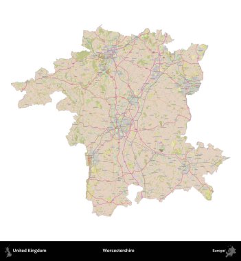 Worcestershire 'da. Birleşik Krallık 'ın idari alanı OpenStreetMap Standart biçim haritasında beyazda izole edildi