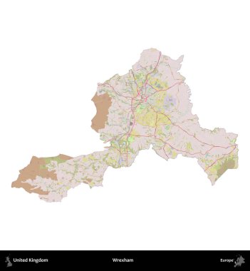 Wrexham. Birleşik Krallık 'ın idari alanı OpenStreetMap Standart biçim haritasında beyazda izole edildi