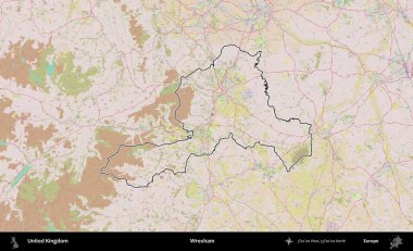 Wrexham. Birleşik Krallık 'ın bir OpenStreetMap Standart biçim haritasında özetlenmiş idari alanı