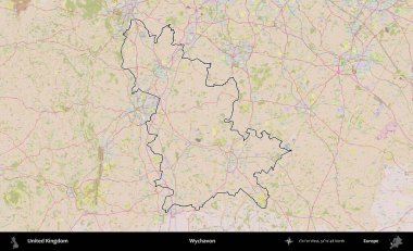 Wychavon. Birleşik Krallık 'ın bir OpenStreetMap Standart biçim haritasında özetlenmiş idari alanı