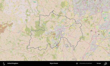 Wyre Ormanı. Birleşik Krallık 'ın bir OpenStreetMap Standart biçim haritasında özetlenmiş idari alanı