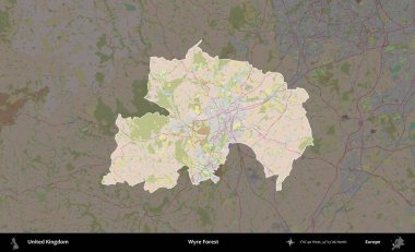 Wyre Ormanı. Birleşik Krallık 'ın idari alanı koyu renk bir OpenStreetMap Standart Haritası üzerine vurgulanmış ve özetlenmiştir