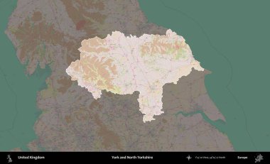 York ve Kuzey Yorkshire. Birleşik Krallık 'ın idari alanı koyu renk bir OpenStreetMap Standart Haritası üzerine vurgulanmış ve özetlenmiştir