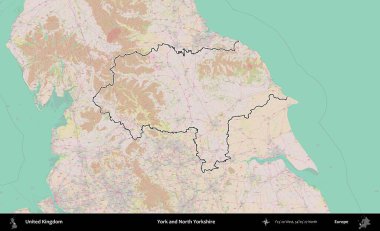 York ve Kuzey Yorkshire. Birleşik Krallık 'ın bir OpenStreetMap Standart biçim haritasında özetlenmiş idari alanı