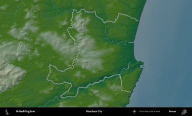 Aberdeen Şehri. Renkli bir yükseklik haritasında Birleşik Krallık 'ın özetlenmiş yönetim alanı
