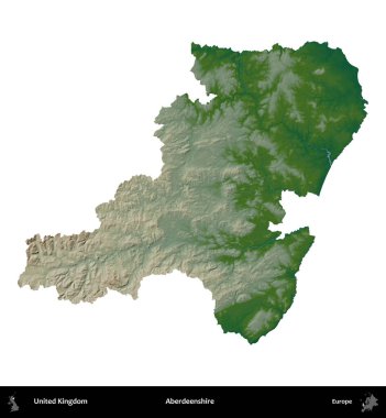 Aberdeenshire 'da. Birleşik Krallık 'ın idari alanı renkli bir yükseklik haritasında beyaz üzerine izole edilmiş