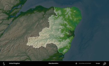 Aberdeenshire 'da. Birleşik Krallık 'ın idari alanı koyu renkli bir yükseklik haritasına vurgulanmış ve özetlenmiştir