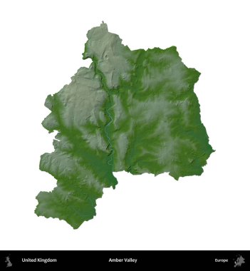 Amber Vadisi Birleşik Krallık 'ın idari alanı renkli bir yükseklik haritasında beyaz üzerine izole edilmiş
