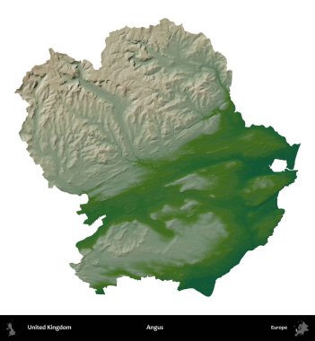 Angus. Birleşik Krallık 'ın idari alanı renkli bir yükseklik haritasında beyaz üzerine izole edilmiş